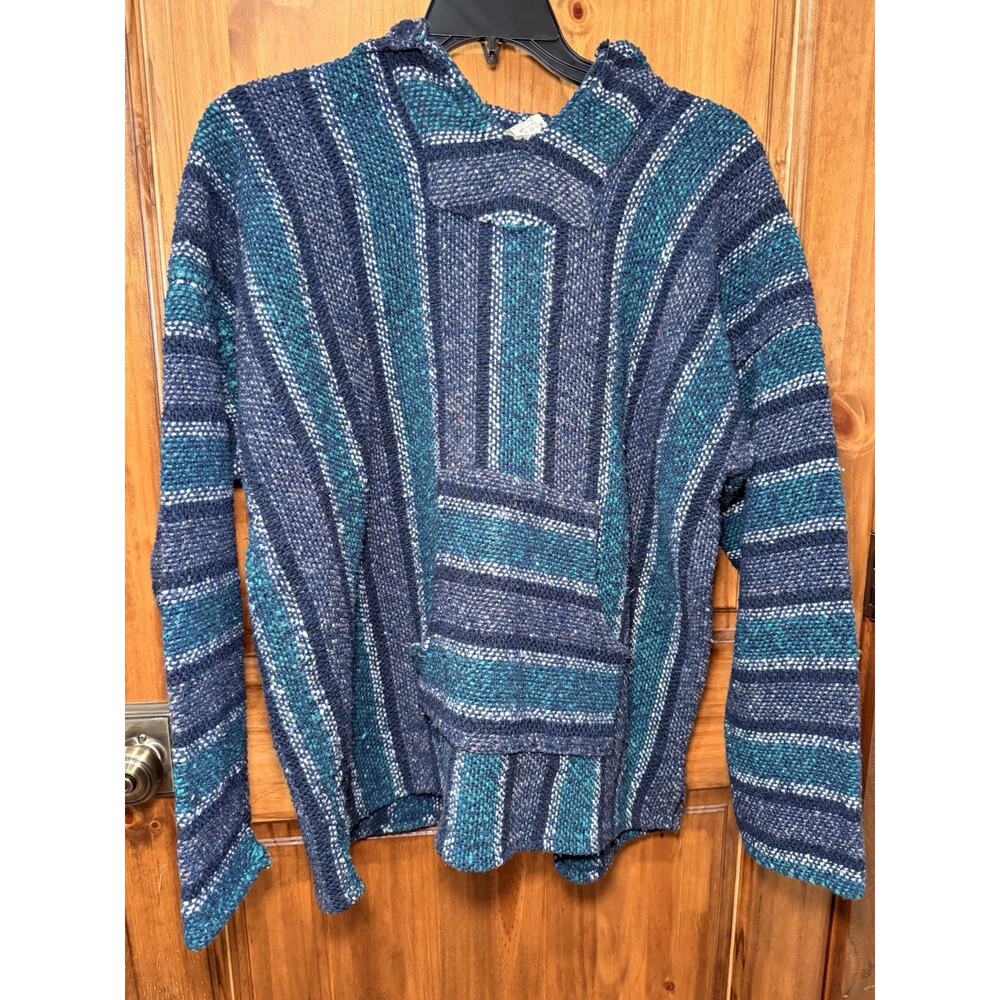 Men's Vintage Frank’s Textiles Baja Hippie Hoodie Poncho Sz XL Blue/Teal